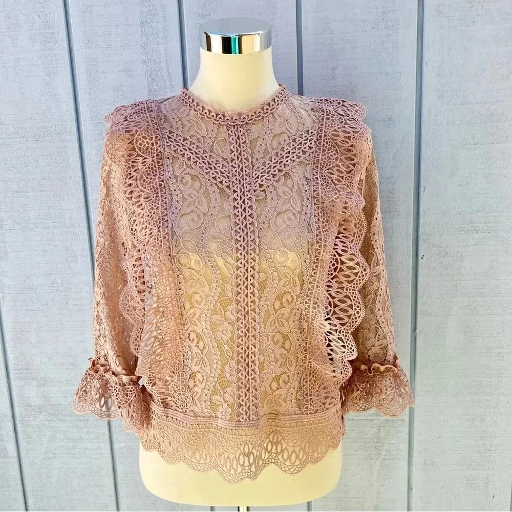 Melograno Rico Lace Blush Blouse See-through Top Long Sleeve Size Small
